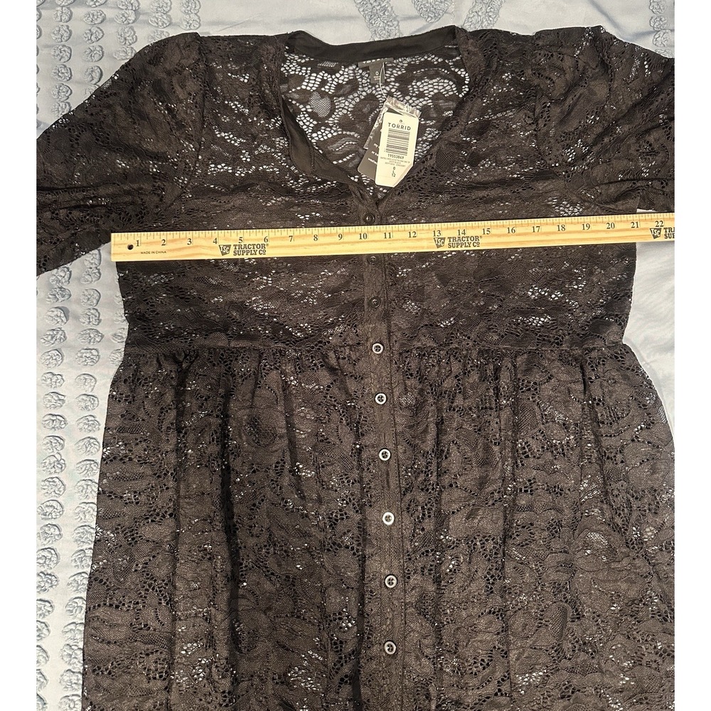 Torrid Babydoll Sheer Lace Button Down Tunic Top Deep Black Size 0/L/12 NWT - Picture 9 of 11